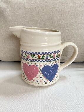Vtg 1980s Hearts Delight Collection Ceramic Pitcher Pink Blue Hearts Checkered